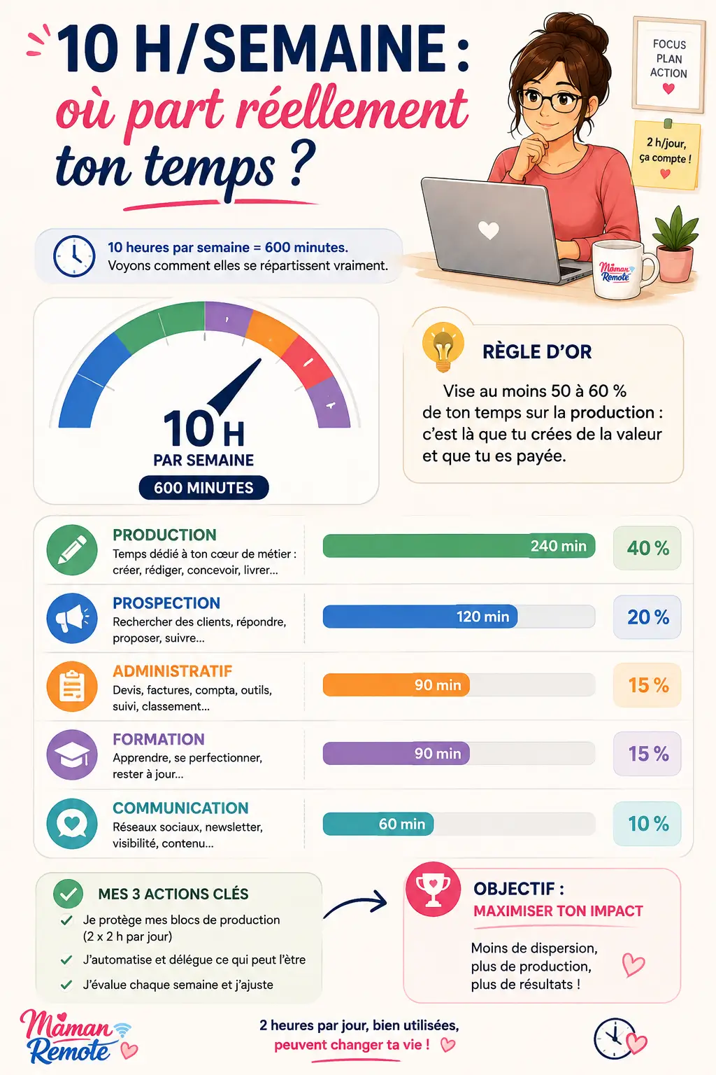Répartition de 10 heures de travail par semaine entre production prospection administratif formation et communication
