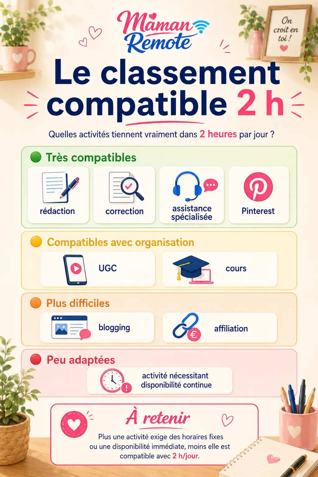 Classement des activités en ligne compatibles avec 2 heures de travail par jour