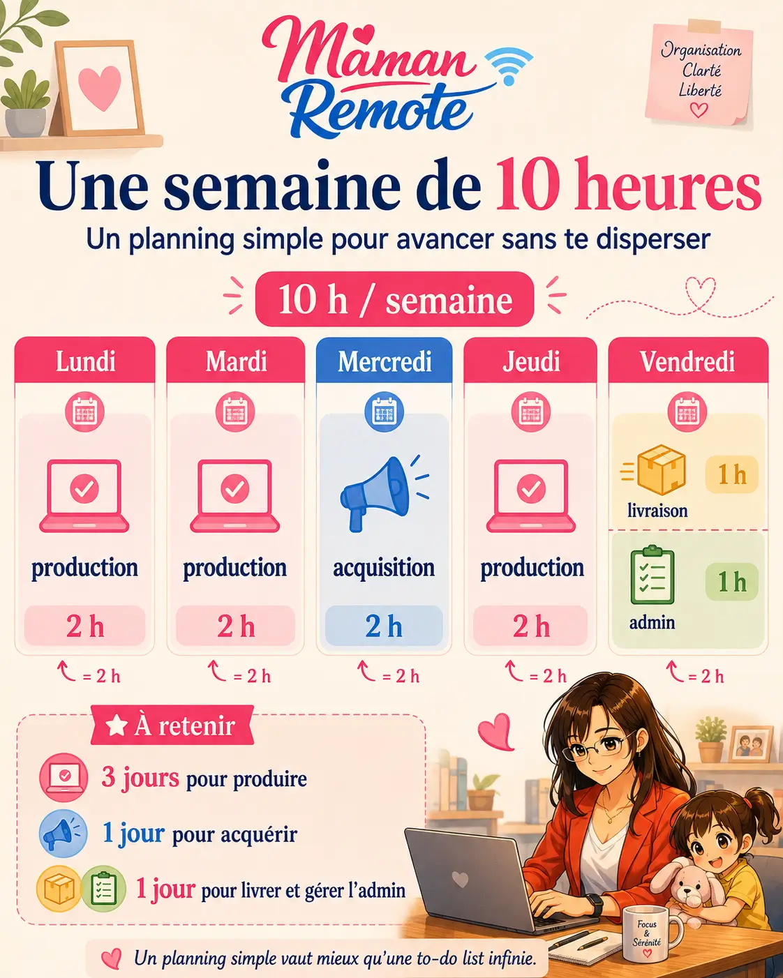 Planning d'une semaine de travail de 10 heures du lundi au vendredi