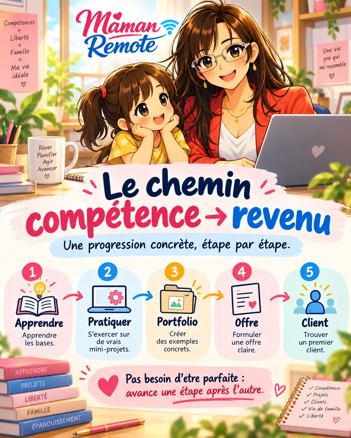 Apprendre, pratiquer, créer un portfolio, formuler une offre, trouver un client