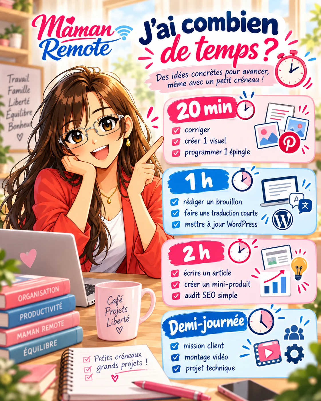 Tâches en ligne possibles avec 20 minutes, une heure, deux heures ou une demi-journée