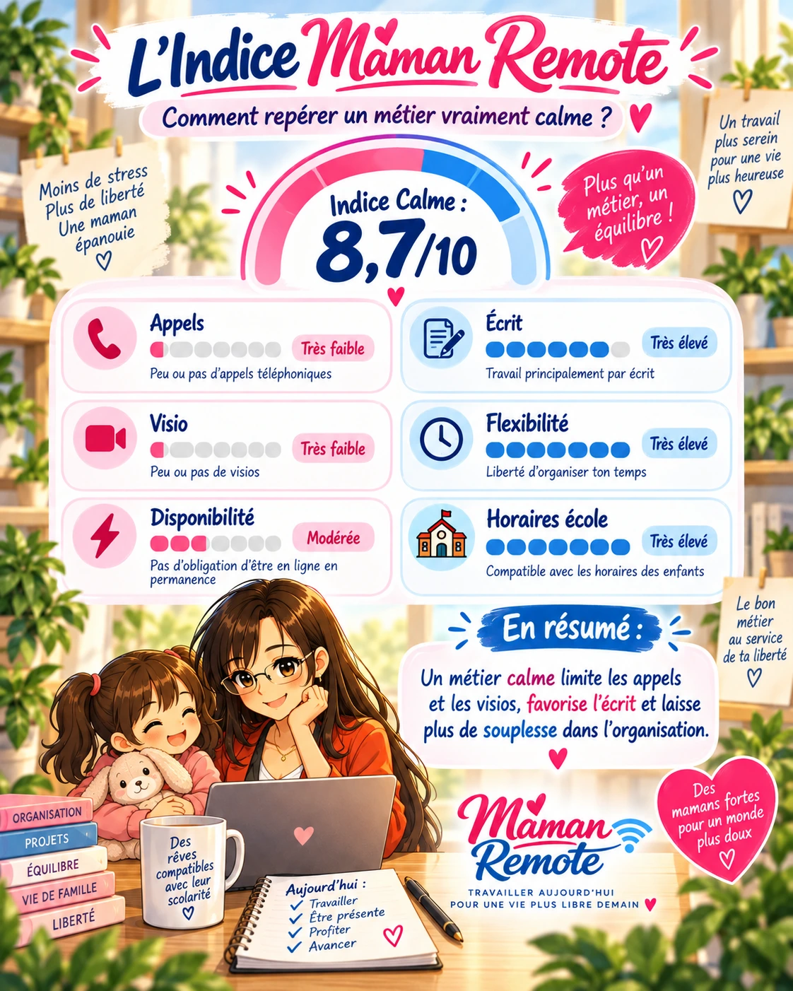 Indice Maman Remote pour évaluer appels, visio, disponibilité, écrit, flexibilité et horaires d’école