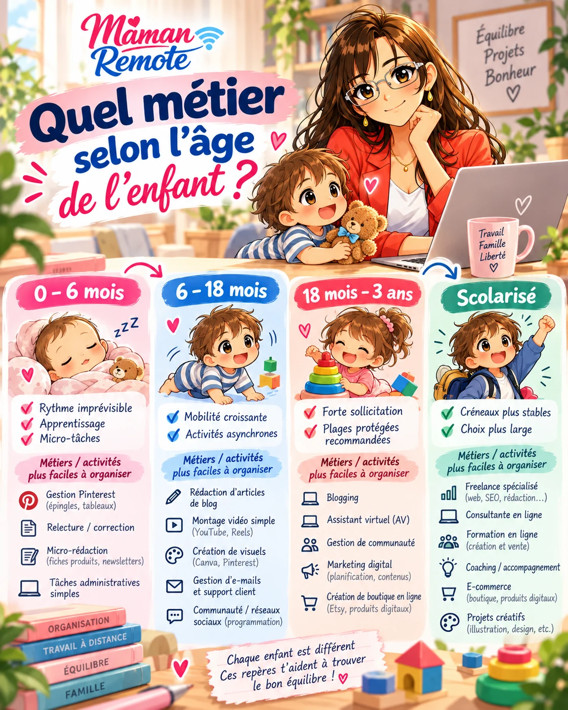 Choisir un métier en ligne selon l’âge de son enfant, de 0 à 6 mois à l’école