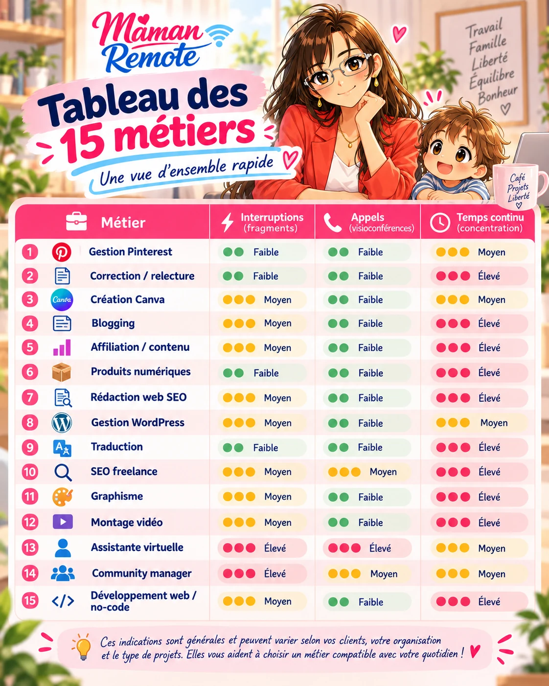 Tableau comparatif de quinze métiers en ligne à exercer avec un bébé
