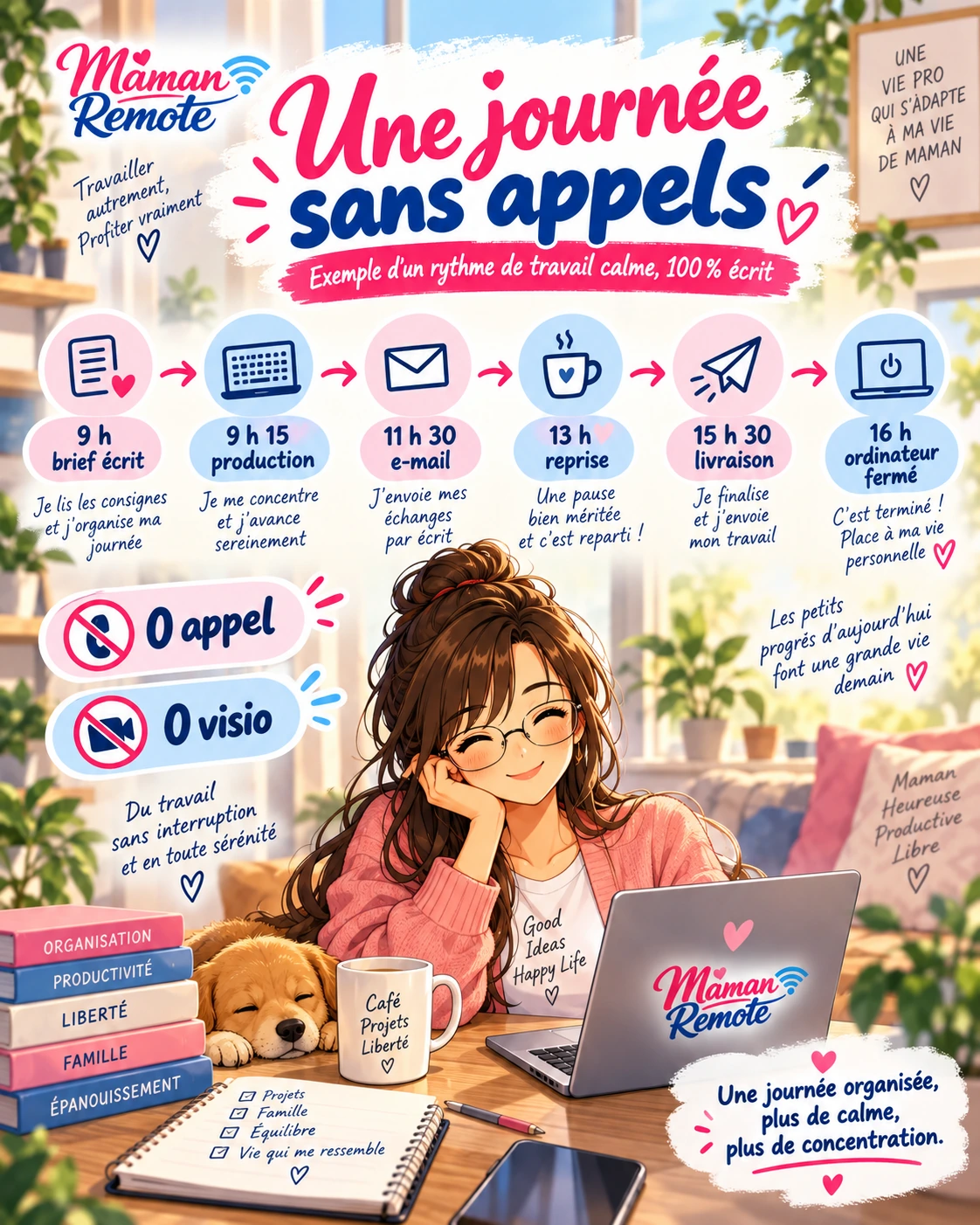 Exemple d’une journée de travail sans appels ni visio de 9 h à 16 h