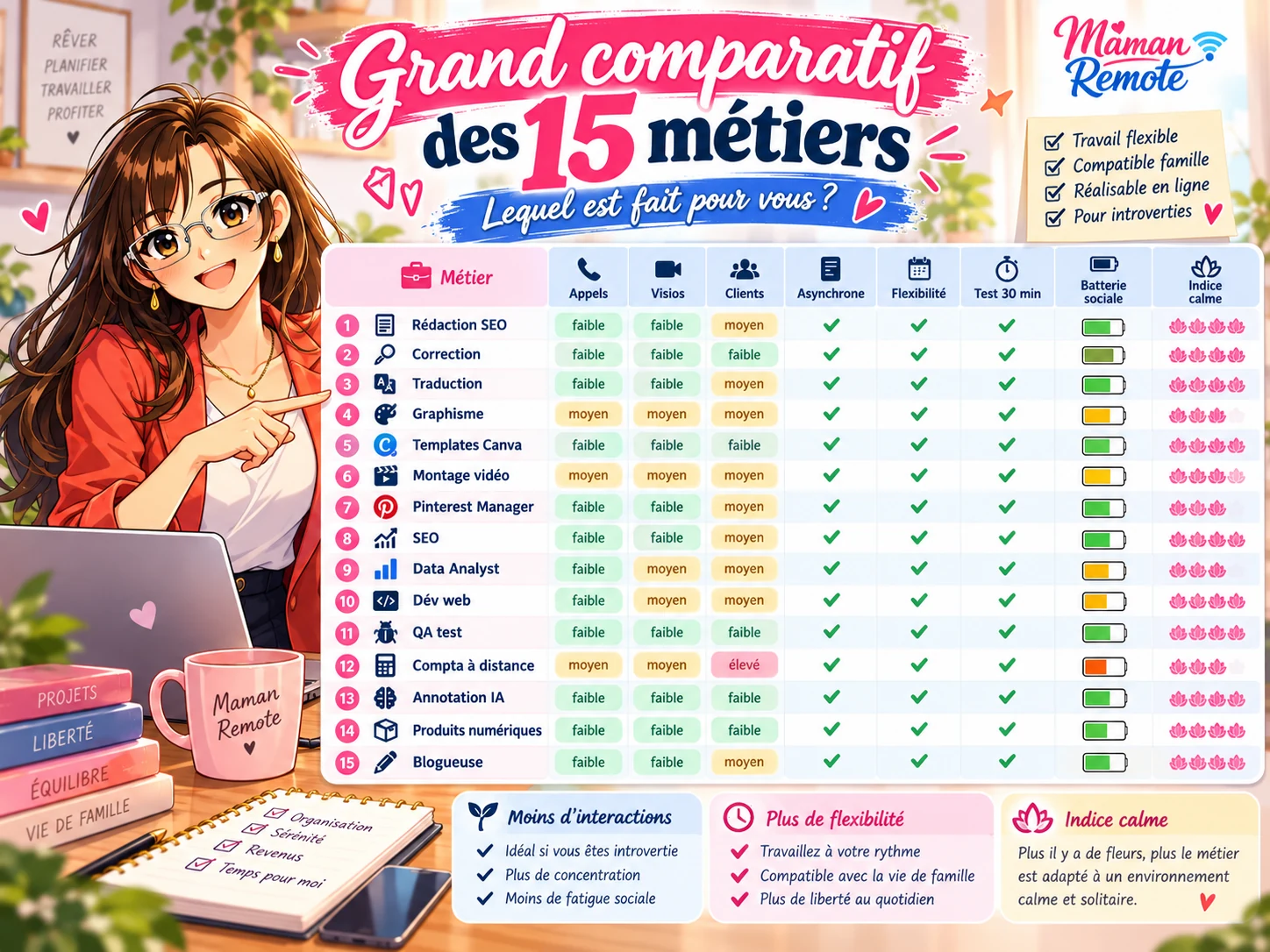 Comparatif de 15 métiers en ligne pour introverties