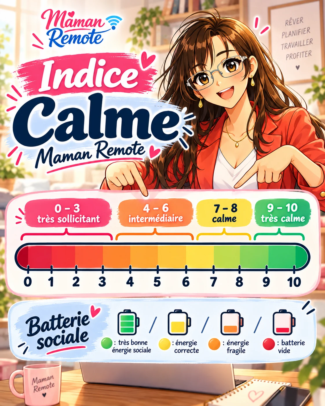 Indice Calme Maman Remote de 0 à 10 et batterie sociale