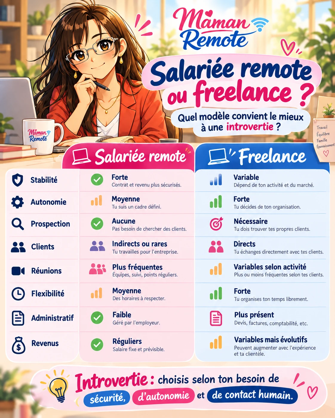 Comparatif salariée remote ou freelance pour une introvertie.