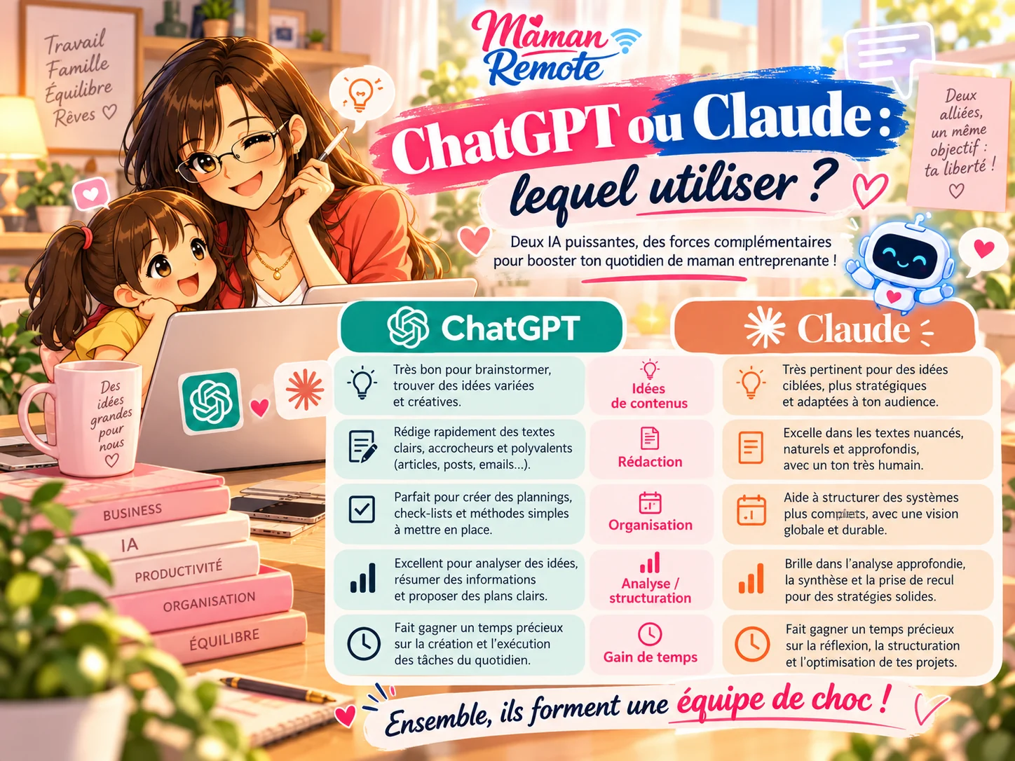 ChatGPT ou Claude : comparatif d'usages et de méthodes pour une maman entrepreneure