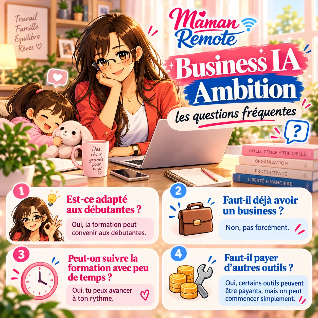 Questions fréquentes : Business IA Ambition est-elle adaptée aux débutantes et aux mamans ?